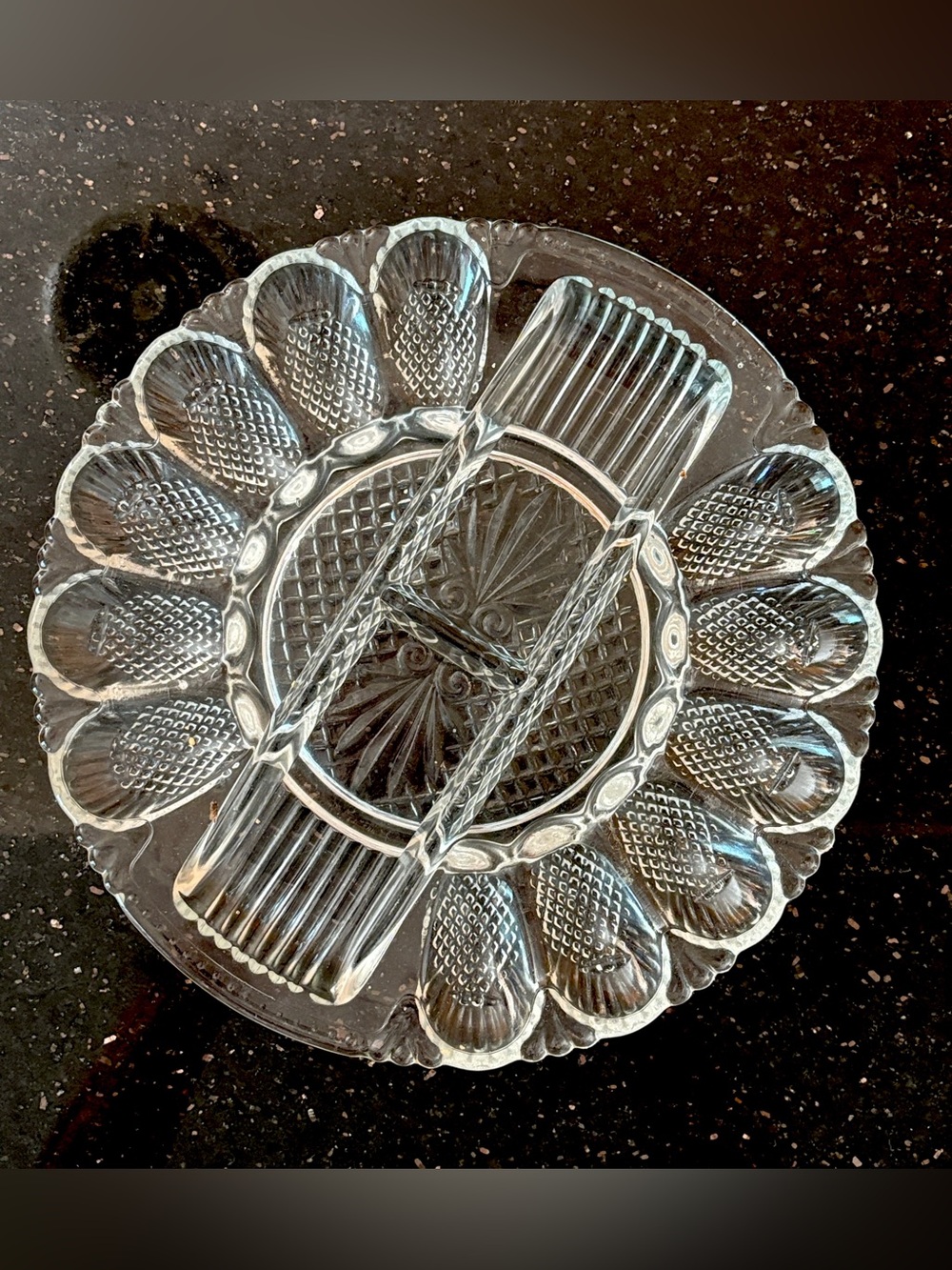 Vintage L E Smith Heavy Pressed Glass Deviled  Egg Crudite Divided Serving Plate